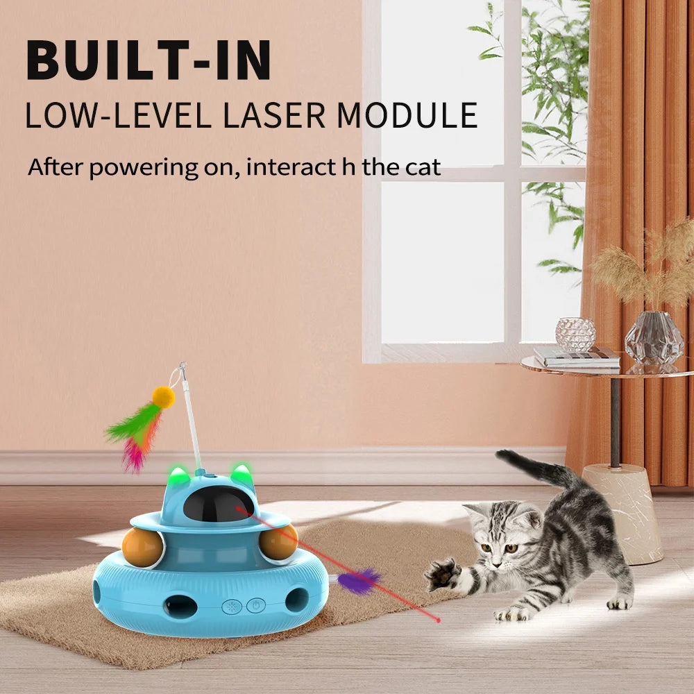 4 in 1 Indoor Interactive Cat Toy with Laser & Retractable Feather Wand, USB Rechargeable, Blue